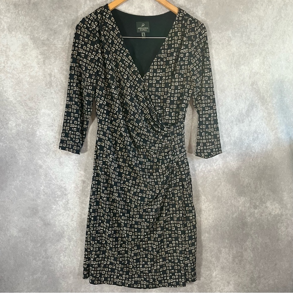 Adrianna Papell Midi Dress Womens 6 Black & Brown Faux Wrap Geometric Print Prep